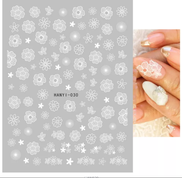 Nageldekoration stickers vita blommor